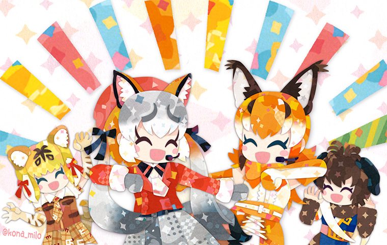 4girls animal_ears belt blonde_hair bow bowtie brown_hair caracal_(kemono_friends) commentary_request elbow_gloves extra_ears gloves grey_hair hat island_fox_(kemono_friends) jacket kemono_friends kemono_friends_v_project kikuchi_milo long_hair mammoth_(kemono_friends) microphone multiple_girls necktie orange_hair ribbon scarf shirt simple_background skirt sleeveless sleeveless_shirt smilodon_(kemono_friends) tail twintails virtual_youtuber