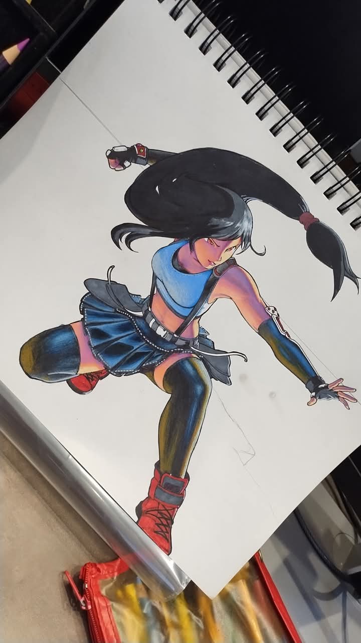 1girl bare_shoulders belt black_hair boots braces breasts clenched_hand elbow_gloves facebook_username fighting_stance final_fantasy final_fantasy_vii final_fantasy_vii_remake fingerless_gloves gloves highres long_hair looking_at_another looking_to_the_side marquis_devon_burgess medium_breasts midriff miniskirt navel photo_(medium) sidelocks simple_background sketchbook skirt solo tank_top thighhighs tifa_lockhart traditional_media white_background