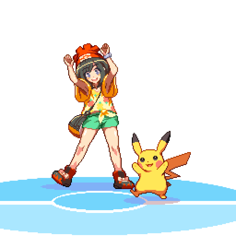 1girl :d animated animated_gif armpit_peek arms_up bag beanie black_eyes black_hair blush bracelet eyebrows floral_print gen_1_pokemon green_shorts hat jewelry legs_apart looking_at_viewer messenger_bag migel_futoshi nintendo open_mouth pikachu pixel_art pokemon pokemon_(creature) pokemon_sm print_shirt purple_eyes red_footwear red_hat selene_(pokemon) shadow shirt shoes short_sleeves shorts shoulder_bag simple_background smile sneakers standing t-shirt tied_shirt waving_arms white_background wide_sleeves z-ring