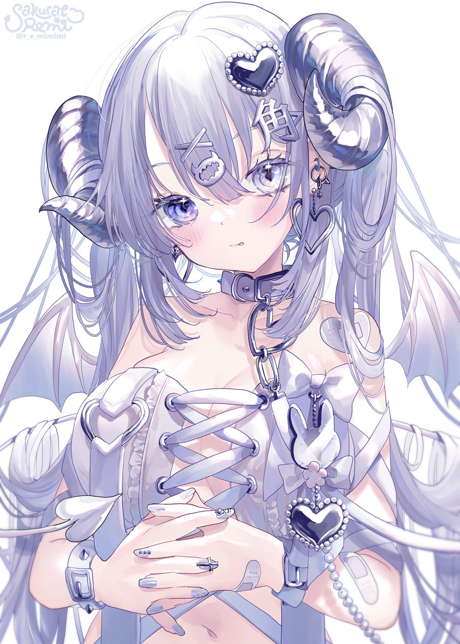 1girl artist_name bandaid bandaid_on_arm bandaid_on_hand bandaid_on_shoulder beads blue_eyes blush breasts center_frills cleavage collar collarbone commentary_request cross-laced_clothes cross-laced_top curled_horns demon_horns demon_tail demon_wings diamond-shaped_pupils diamond_(shape) earrings frills grey_horns hair_between_eyes hair_flowing_over hair_on_horn hair_ornament heart heart-shaped_bandaid heart_earrings heart_hair_ornament heterochromia highres horns jewelry kanji_hair_ornament large_breasts long_hair looking_at_viewer nail_art navel original own_hands_together parted_lips sakurato_remi sideboob signature simple_background solo straight_hair symbol-shaped_pupils tail tail_raised translation_request twitter_username upper_body white_background white_collar white_eyes white_hair white_nails white_tail white_theme white_wings wings wrist_belt x_hair_ornament