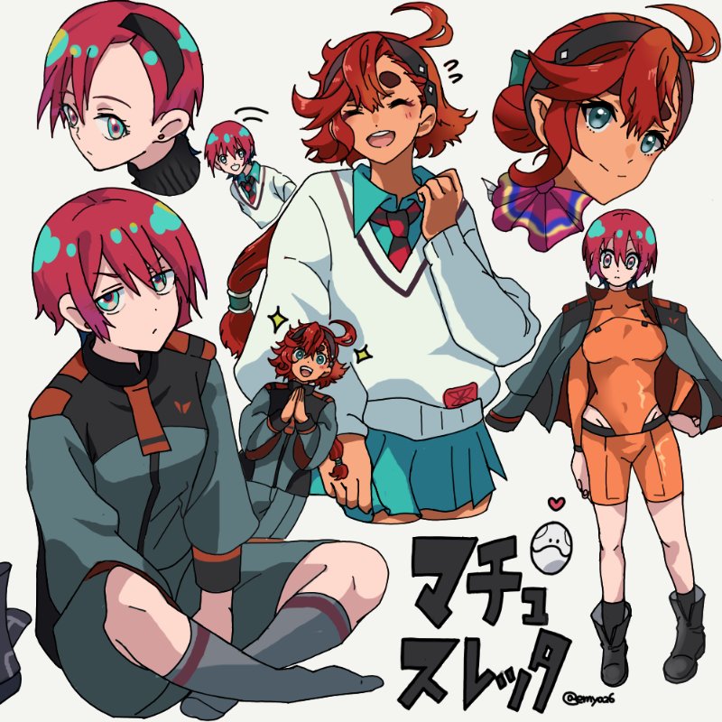 2girls :d ^_^ ahoge alternate_costume amate_yuzuriha amate_yuzuriha_(cosplay) ankle_boots aqua_eyes aqua_shirt aqua_skirt arm_at_side artist_name asticassia_school_uniform black_boots black_hairband black_necktie black_shirt blush boots character_name closed_eyes closed_mouth coat coat_on_shoulders collared_shirt color_connection commentary cosplay costume_switch cropped_legs dark-skinned_female dark_skin earrings emya26 female_focus flying_sweatdrops frown green_jacket green_shorts green_socks gundam gundam_gquuuuuux gundam_suisei_no_majo hair_color_connection hairband hand_up hands_up haro heart hip_vent in-franchise_crossover indian_style jacket jewelry jitome long_hair long_sleeves looking_at_viewer low-tied_long_hair multicolored_eyes multiple_girls necktie no_shoes open_mouth orange_shirt orange_shorts own_hands_together palms_together pleated_skirt red_hair red_necktie school_uniform shirt short_eyebrows short_hair shorts simple_background sitting skirt smile socks standing star_(symbol) striped_necktie suletta_mercury suletta_mercury_(cosplay) sweater teeth thick_eyebrows trait_connection turtleneck twitter_username upper_teeth_only v-shaped_eyebrows white_background white_sweater wide_sleeves wing_collar