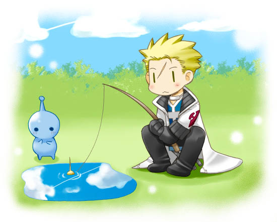 1boy :3 alien black_footwear black_pants blonde_hair blue_jacket blue_skin blue_sky chibi chibi_only cloud cloudy_sky coat colored_skin commentary_request engeiseikatu final_fantasy final_fantasy_viii fishing fishing_rod full_body grass holding holding_fishing_rod jacket light_blush light_particles male_focus on_grass pants puddle pupu_(ff8) reflection reflective_water seifer_almasy short_hair sitting sky solid_circle_eyes solid_oval_eyes spiked_hair v-neck very_short_hair white_coat