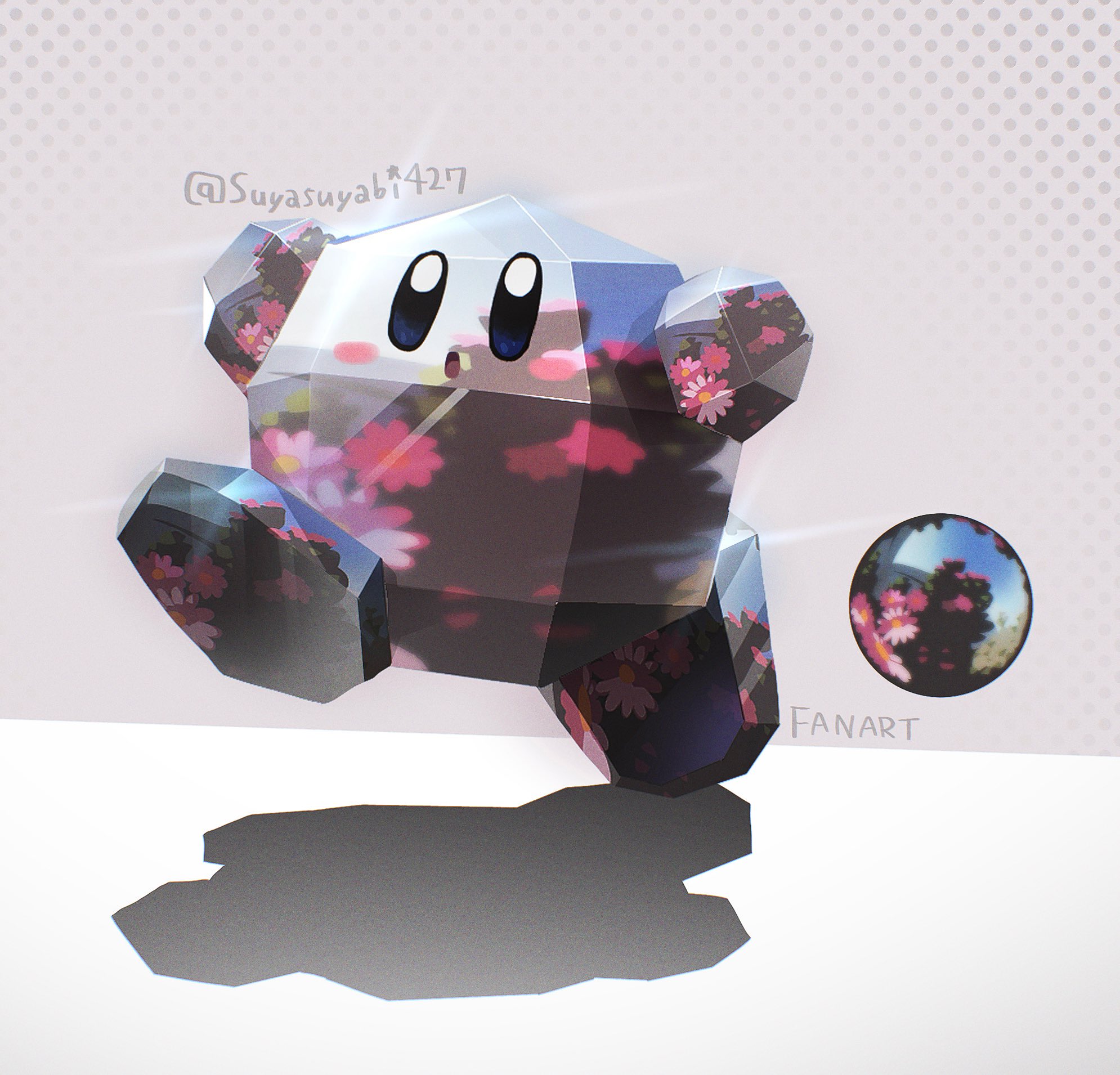 :o blue_eyes collar copy_ability highres kirby kirby_(series) mario mario_(series) metal_collar metal_mario nintendo no_humans open_mouth reflection solo standing standing_on_one_leg suyasuyabi twitter_username white_background