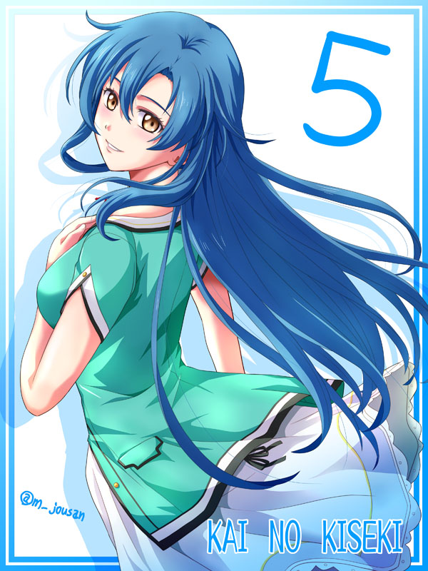 1girl artist_name blue_border blue_hair border breasts commentary_request copyright_name countdown double-parted_bangs dress eiyuu_densetsu hair_between_eyes kai_no_kiseki kuro_no_kiseki_(series) long_hair nina_fenly outside_border simple_background smile solo twitter_username white_background white_dress xiacheng_tatsuya yellow_eyes