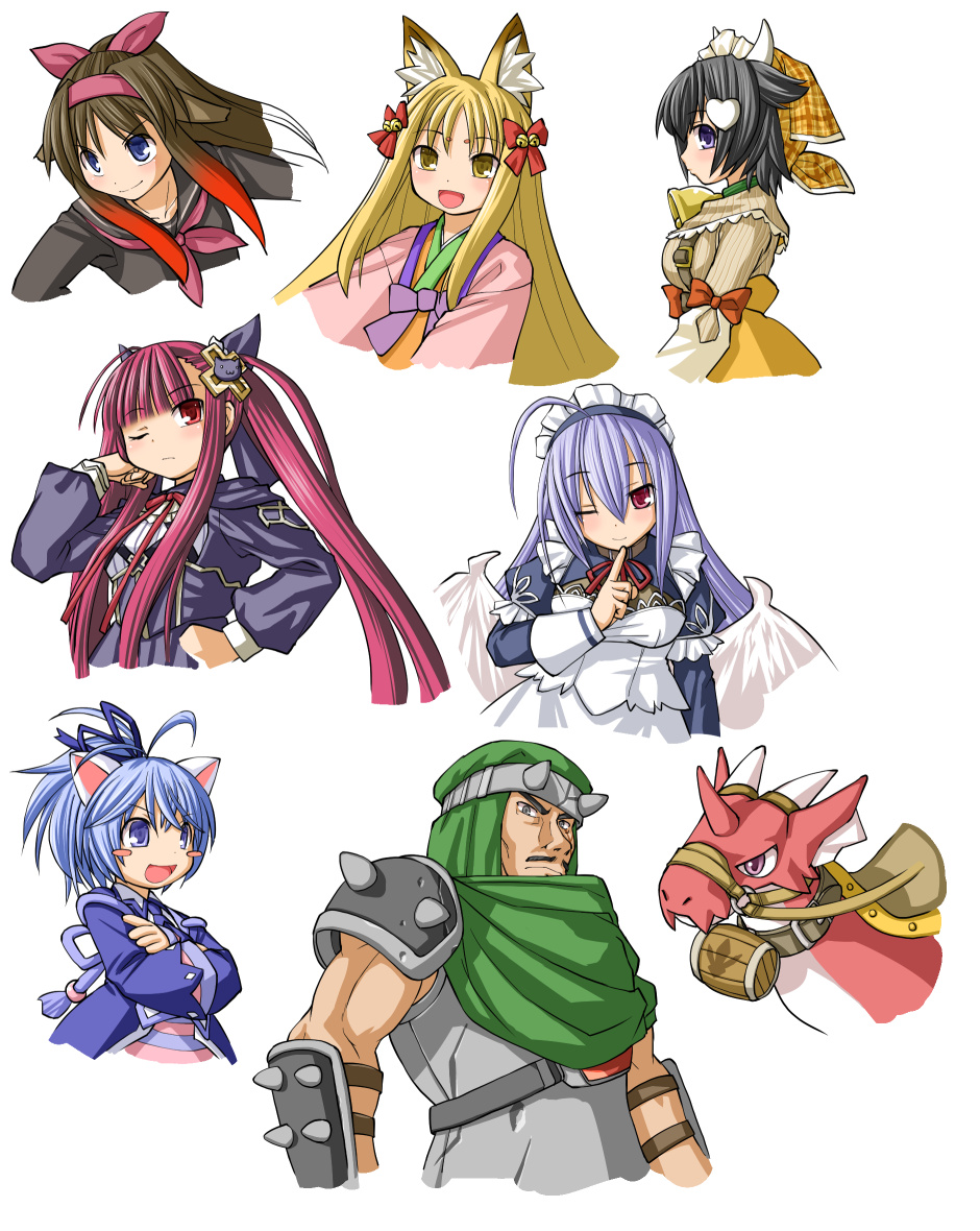 1boy 6+girls ;) ahoge alucard_lore animal_ears armor bad_id bad_pixiv_id bell black_hair blonde_hair blue_eyes blue_hair blush_stickers bow brown_hair cat_ears character_request collage copyright_request crossed_arms dragon facial_hair feathered_wings fox_ears hair_bow hair_ribbon hairband hand_on_own_hip headband huge_ahoge japanese_clothes kasuga_yukihito loki_alma long_hair low_wings maid maid_headdress mitama_kirie mitama_kyrie momo_alma multiple_girls mustache nekomata_sora one_eye_closed pauldrons purple_hair red_eyes red_hair ribbon rie school_uniform serafuku short_hair shoulder_armor shugoma_uzuki simple_background smile spikes turban upper_body vambraces wings yellow_eyes