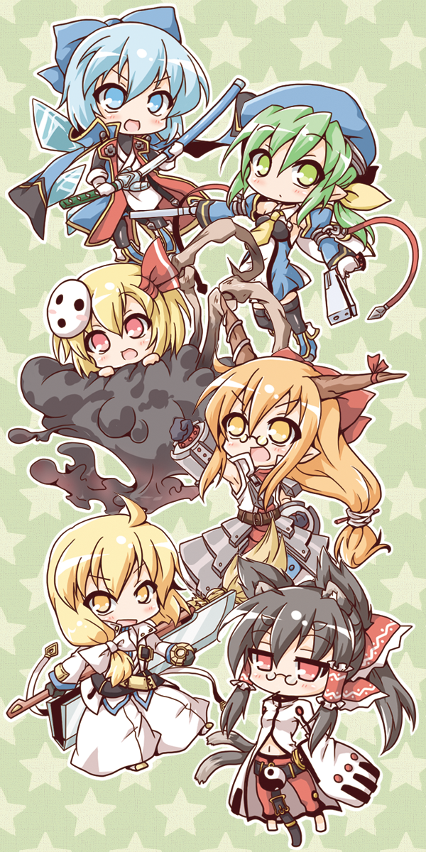 6+girls :d alternate_costume animal_ears arakune arakune_(cosplay) arc_system_works arm_up armor belt blazblue blazblue:_calamity_trigger blonde_hair blue_eyes blue_hair blush bow braid brown_hair cat_ears cat_tail chibi cirno cosplay daiyousei detached_sleeves dual_wielding faulds finger_on_trigger glasses gloves green_eyes green_hair gun hair_bow hair_ornament hair_ribbon hair_tubes hakurei_reimu handgun highres holding horns ibuki_suika ice ice_wings iron_tager iron_tager_(cosplay) jin_kisaragi_(cosplay) kirisame_marisa kisaragi_jin kokonoe_(blazblue) kokonoe_(cosplay) long_hair low-tied_long_hair multiple_girls multiple_tails neko_yume noel_vermillion noel_vermillion_(cosplay) open_mouth polearm ponytail power_connection ragna_the_bloodedge ragna_the_bloodedge_(cosplay) red_eyes ribbon rumia short_hair single_braid smile spear star_(symbol) star_symbol_background sword tail touhou weapon wings yellow_eyes yin_yang