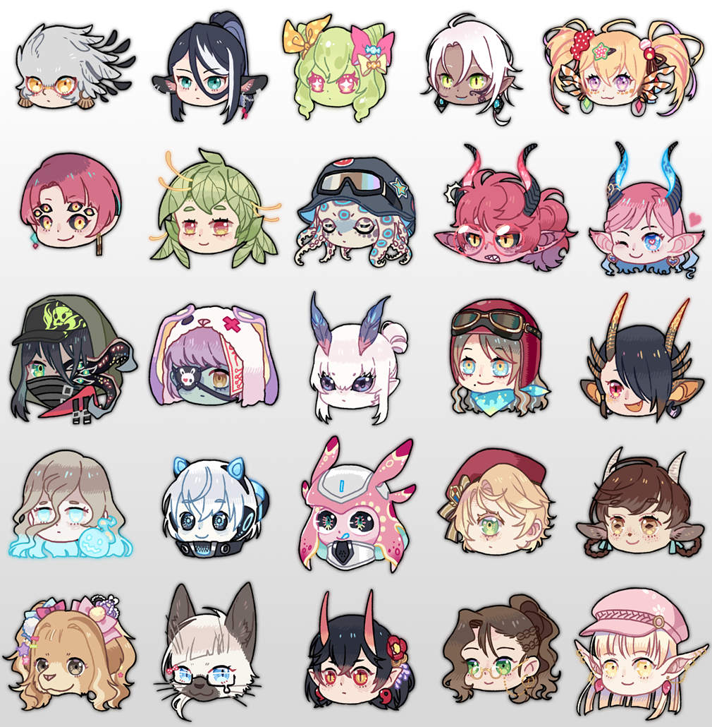 6+girls animal_ears animal_hat animal_nose antennae aqua_eyes aqua_hair arthropod_girl artist_name mismatched_irises baseball_cap black_hair black_sclera blue_hair bow braid bright_pupils brown_hair cat cat_girl cephalopod_eyes chibi clenched_teeth colored_sclera covered_mouth dark-skinned_female dark_skin demon_girl demon_horns dog dog_girl double_bun dragon_ears dragon_girl dragon_horns earrings extra_eyes fake_animal_ears feather_hair fins furry furry_female goat_ears goat_horns goggles goggles_on_headwear gradient_hair green_eyes green_hair grey_background grey_hair hair_between_eyes hair_bow hair_bun hair_ornament hair_over_one_eye hair_rings hair_scrunchie hat hat_under_hood head head_fins headphones heart helmet hood hood_up horizontal_pupils horns insect_girl jewelry long_hair looking_at_viewer maruneko monster_girl moth_girl motorcycle_helmet multicolored_hair multiple_girls one-eyed one_eye_closed one_eye_covered oni oni_horns orange_hair original pink_eyes pink_hair pink_headwear plant_girl plant_hair pointy_ears pointy_hair ponytail print_headwear purple_eyes purple_hair rabbit_ears rabbit_hat red_eyes red_hair robot_ears scrunchie short_hair slime_girl slit_pupils smile snout star-shaped_pupils star_(symbol) straight_hair streaked_hair symbol-shaped_pupils teeth tentacle_hair tentacles twin_braids twintails wavy_hair whiskers white_hair yellow_eyes
