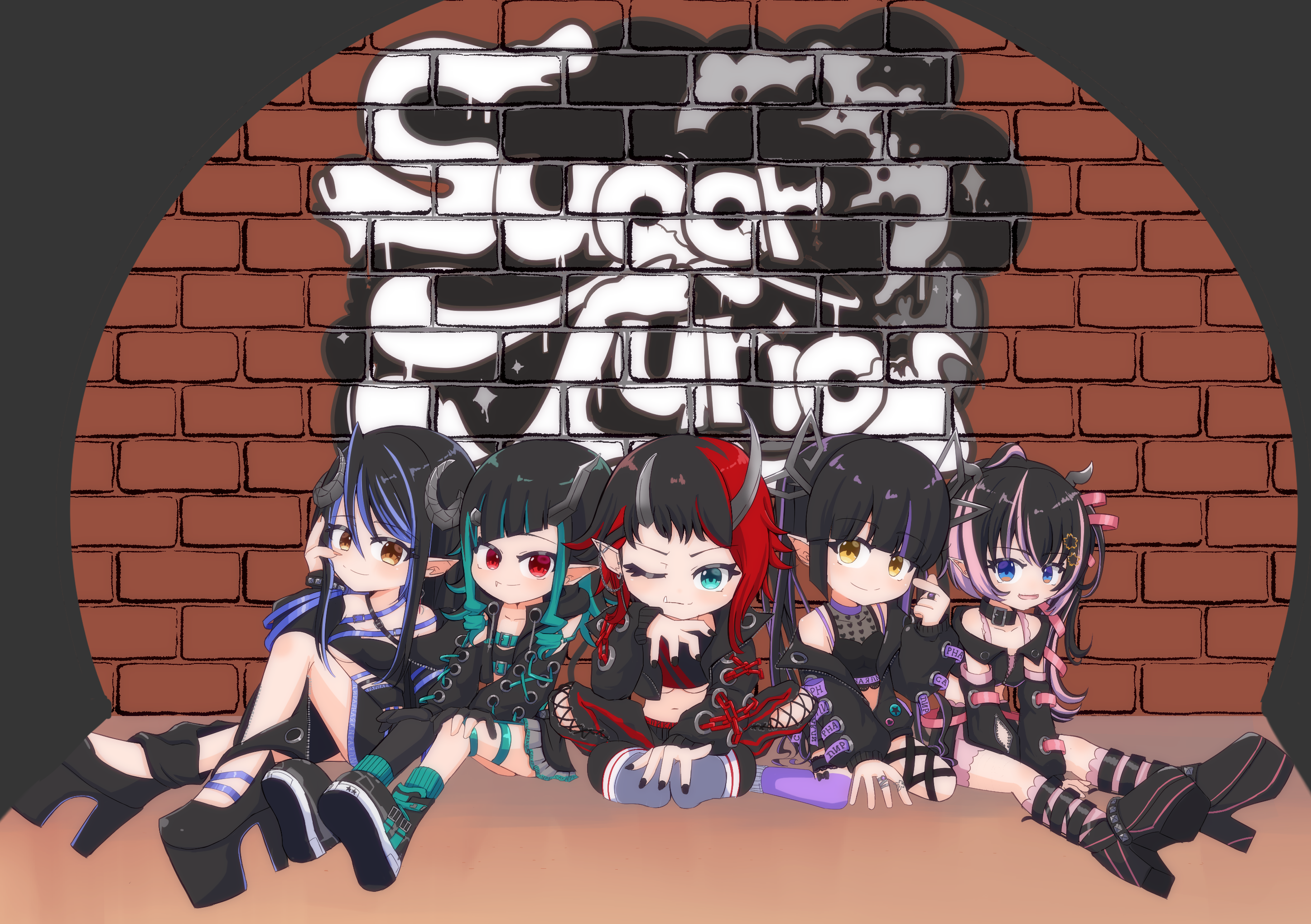 5girls belt belt_bra belt_collar black_belt black_gloves black_hair black_jacket black_pants black_ribbon black_shirt black_shoes black_skirt black_sports_bra black_thighhighs bloomers blue_belt blue_eyes blue_hair blunt_bangs breasts brick_wall brown_eyes chest_belt closed_mouth collar commentary_request cropped_jacket cropped_shirt cross-laced_pants curled_horns demon_girl demon_horns demon_tail fang flat_chest full_body gloves graffiti grey_horns hair_between_eyes hair_ribbon hand_on_own_cheek hand_on_own_chin hand_on_own_face hands_on_own_knees hebiyoi_tier hebiyoi_tier_(1st_costume) highres horns jacket kojo_anna kojo_anna_(1st_costume) leg_ribbon long_hair long_sleeves looking_at_viewer medium_breasts multicolored_hair multiple_girls nanashi_inc. navel off_shoulder oinomori_may oinomori_may_(1st_costume) one_eye_closed open_clothes open_jacket pants partially_fingerless_gloves pink_bloomers pink_hair pink_ribbon pink_socks pointy_ears purple_hair red_eyes ribbon rokusuke_nonaka ryugasaki_rene ryugasaki_rene_(1st_costume) shirt shishio_chris shishio_chris_(1st_costume) shoes single_thighhigh sitting skirt sleeveless sleeveless_shirt smile sneakers socks sports_bra sugar_lyric tail thigh_ribbon thighhighs twintails two-tone_hair underboob underwear virtual_youtuber yellow_eyes