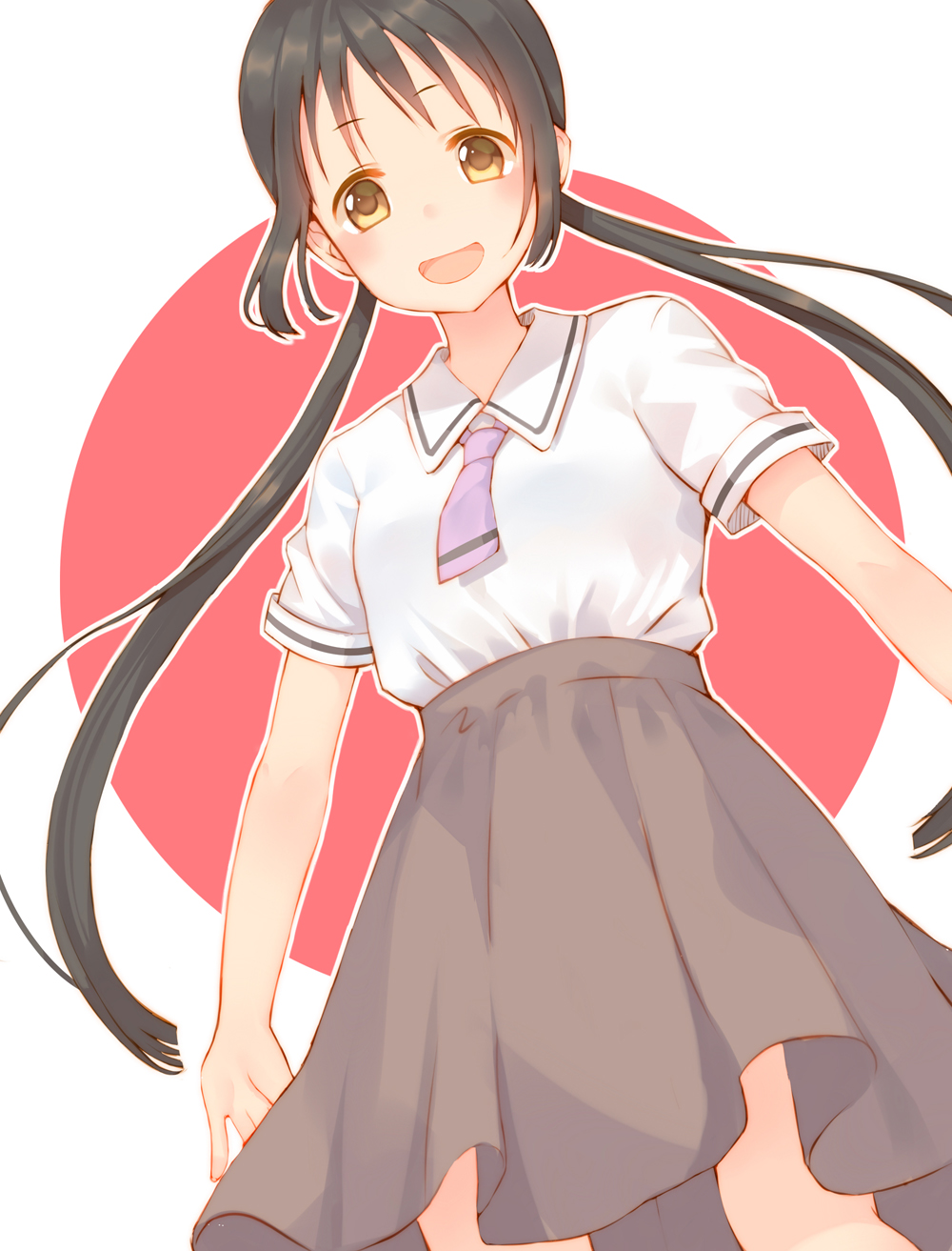 1girl :d asobi_asobase black_hair blush brown_eyes brown_skirt collared_shirt commentary cowboy_shot female_focus highres honda_hanako kazuzu long_hair looking_at_viewer low_twintails medium_skirt necktie open_mouth outline purple_necktie school_uniform shirt short_necktie short_sleeves simple_background skirt smile solo twintails two-tone_background very_long_hair white_shirt wing_collar