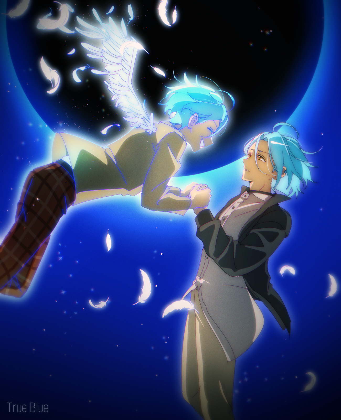 10gerine 2boys bent_back black_jacket eclipse ensemble_stars! facing_another flying glowing glowing_feather glowing_wings gradient_background grin hair_between_eyes happy highres himeru_(ensemble_stars!) holding_hands huge_moon jacket light_particles long_shirt looking_at_another male_focus midair moon multiple_boys open_clothes open_jacket pants parted_lips partially_unbuttoned plaid_clothes plaid_pants red_pants shedding shedding_feathers shirt short_hair_with_long_locks smile tojo_kaname white_shirt white_wings wind wings worried yellow_jacket