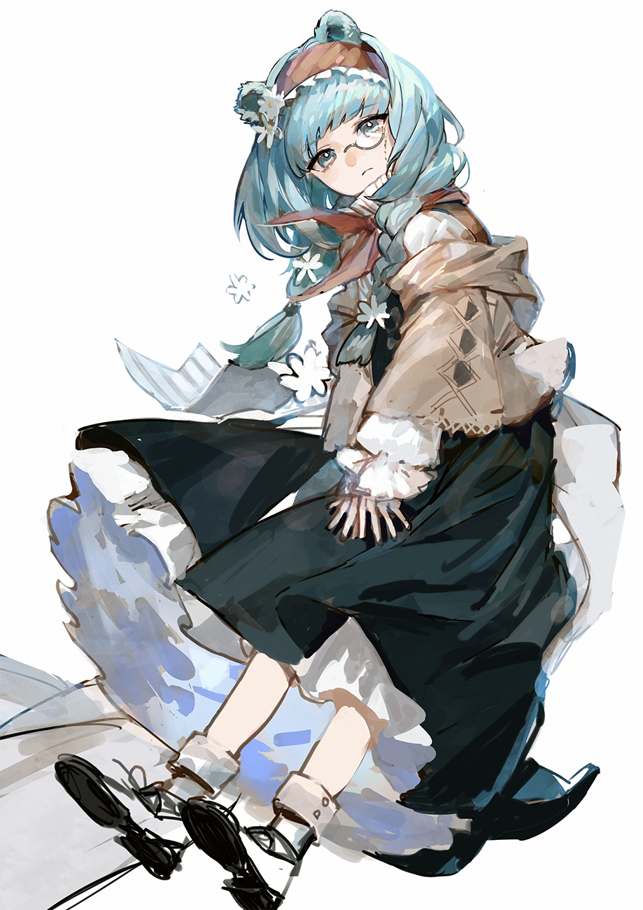 1girl animal_ears ankle_cuffs aqua_eyes aqua_hair arknights bear_ears black_dress black_shoes blunt_bangs braid closed_mouth collar cropped_jacket cuff_links dress expressionless flower frilled_collar frilled_sleeves frills full_body hair_flower hair_ornament hairband high_collar highres istina_(arknights) istina_(bibliosmia)_(arknights) layered_dress long_hair long_sleeves looking_at_viewer monocle neckerchief off_shoulder official_alternate_costume pekopeco red_hairband red_neckerchief shoes simple_background solo turning_head twin_braids v_arms white_background white_flower