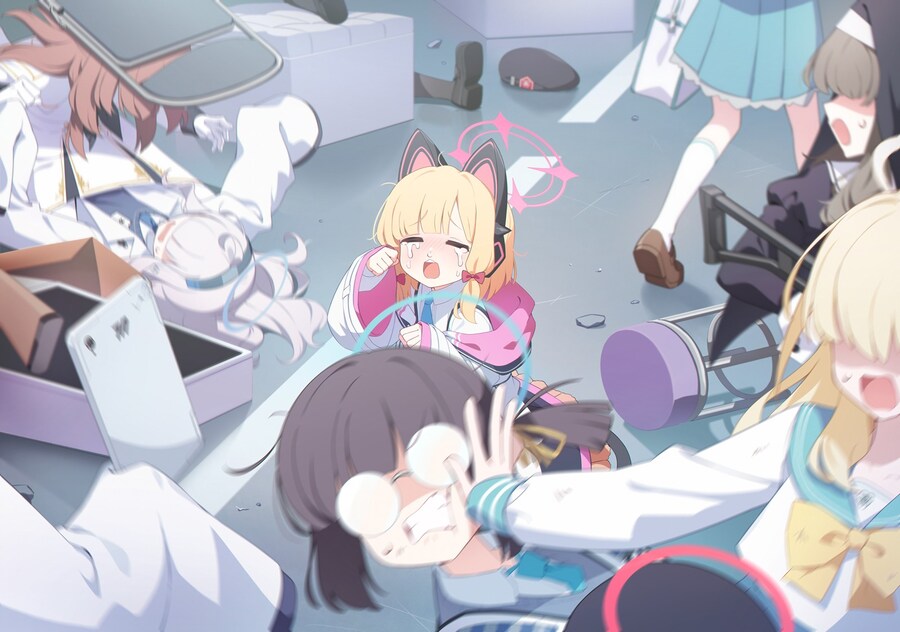 6+girls blue_archive chair crying fighting folding_chair improvised_weapon justice_task_force_member_(blue_archive) long_sleeves millennium_science_school_student_(blue_archive) millennium_science_school_student_a_(blue_archive) millennium_science_school_student_b_(blue_archive) momoi_(blue_archive) multiple_girls official_art sisterhood_member_(blue_archive) surprised tablet_pc tea_party_militant_(blue_archive) third-party_source trinity_student_(blue_archive)