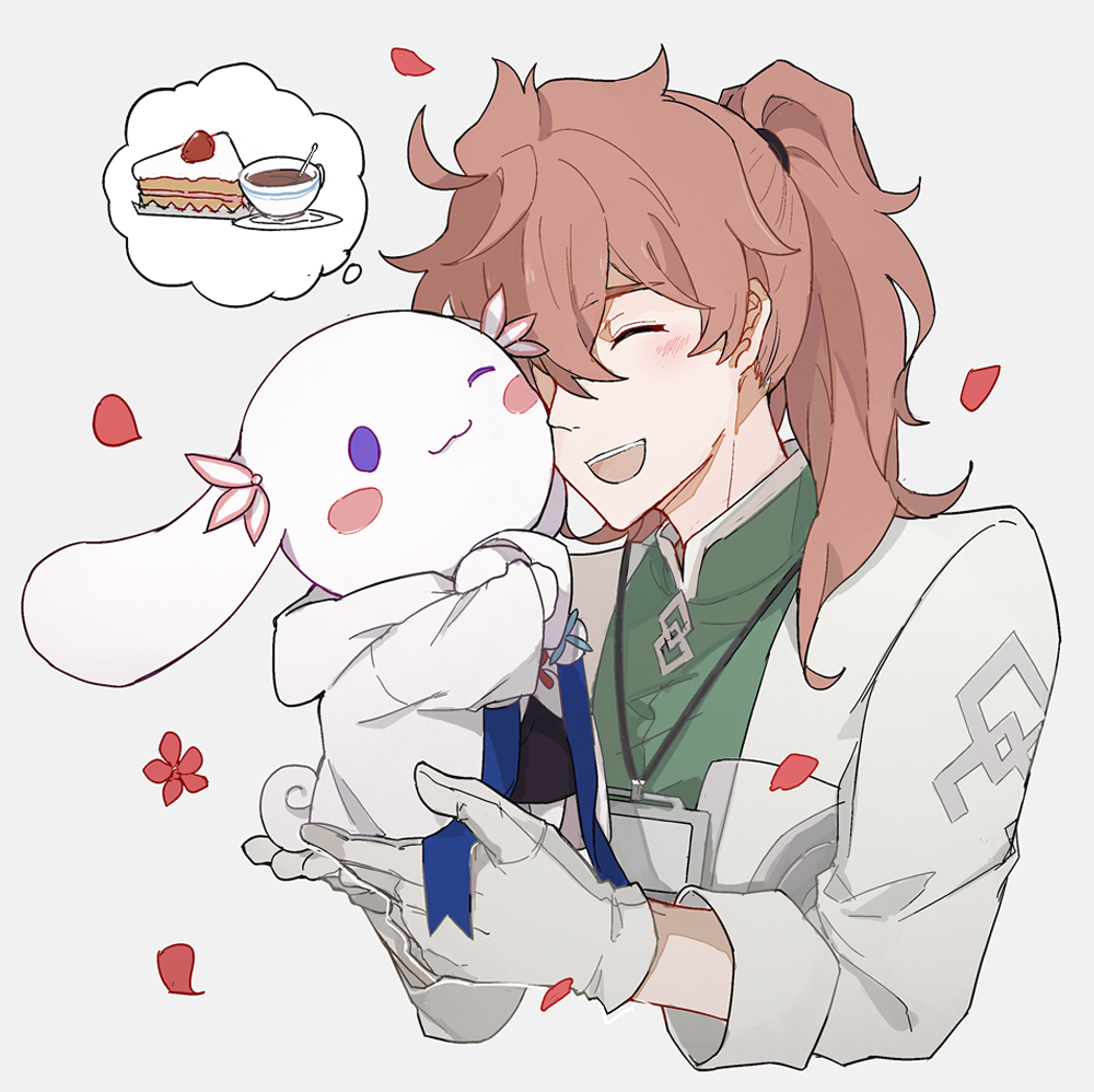 1boy :3 :d ;3 ^_^ animalization blush blush_stickers cake cheek-to-cheek chinese_commentary cinnamoroll closed_eyes closed_mouth coat commentary_request creature cup fate/grand_order fate_(series) flower food gloves hair_between_eyes heads_together holding holding_creature hood hood_down hooded_robe id_card lanyard long_hair long_sleeves male_focus merlin_(fate) one_eye_closed open_mouth orange_hair petals ponytail purple_eyes red_flower robe romani_archaman ruoyin sanrio saucer simple_background smile speech_bubble spoken_food tea teacup thought_bubble upper_body white_background white_coat white_gloves white_robe