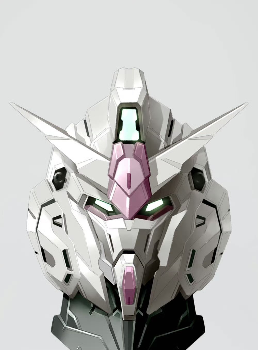 commentary_request glowing glowing_eyes green_eyes grey_background gundam head_only highres looking_at_viewer mecha mecha_focus mobile_suit mobile_suit_gundam mosiaz328 no_humans portrait redesign robot rx-78-2_gundam science_fiction simple_background solo v-fin