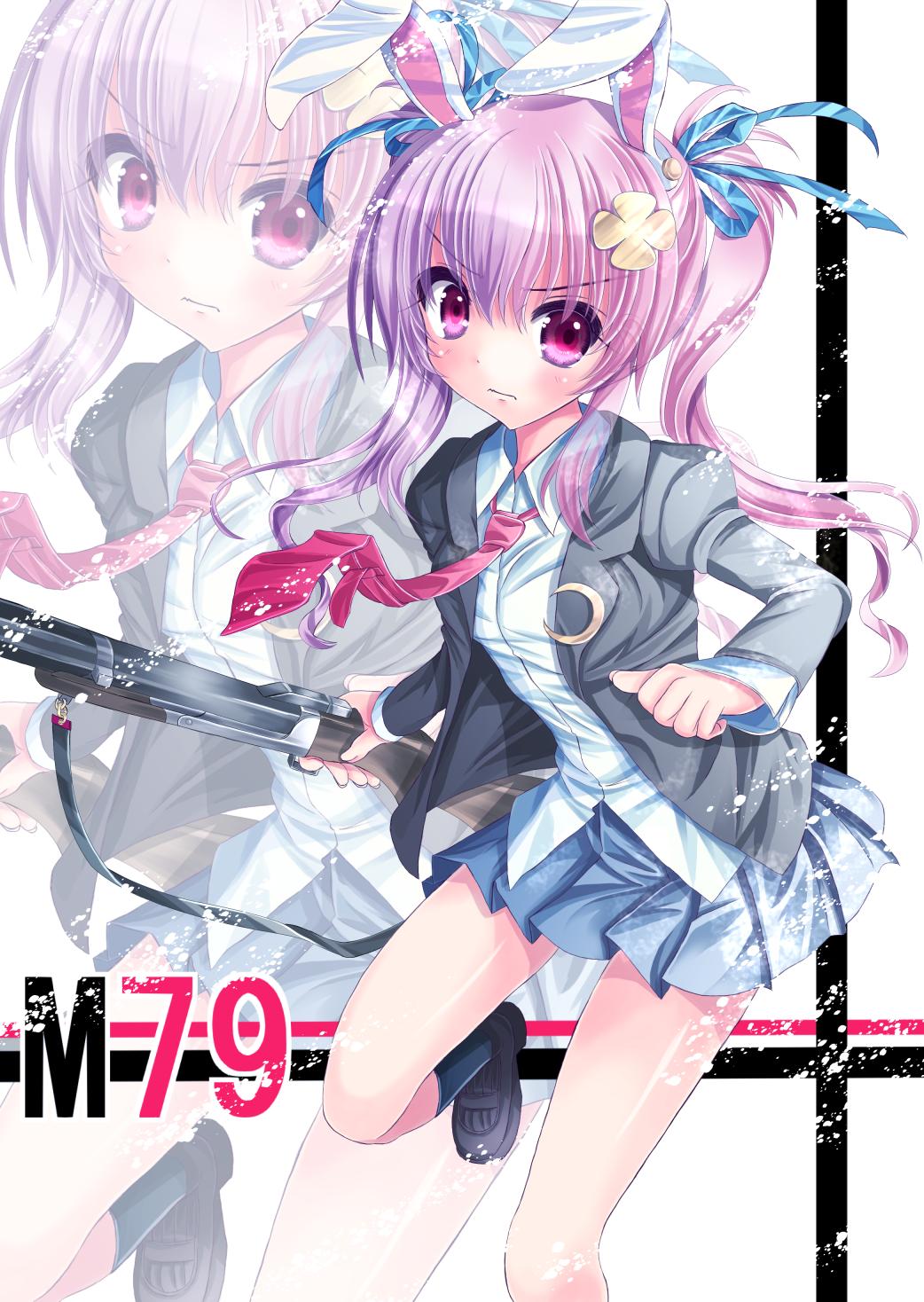 1girl animal_ears bad_id bad_pixiv_id blazer break-action_grenade_launcher female_focus grenade_launcher hair_ribbon highres jacket konpotsu m79 necktie ponytail purple_hair rabbit_ears red_eyes reisen_udongein_inaba ribbon solo thighs touhou weapon
