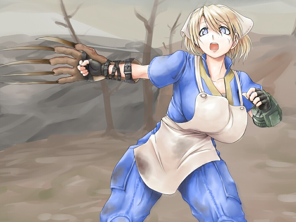 1girl apron bare_tree black_gloves blonde_hair blue_eyes blue_jumpsuit breasts collarbone cross_scar dirty dirty_clothes facial_scar fallout fallout_3 fingerless_gloves freckles futaba_channel gloves hair_between_eyes headscarf heni_(nijiura_maids) high_collar jumpsuit kuma_(kumahoihoi) large_breasts legs_apart nijiura_maids open_mouth outdoors pip_boy scar scar_on_cheek scar_on_face short_hair short_sleeves solo standing teeth tree upper_teeth_only vault_suit wasteland white_apron white_headscarf white_headwear