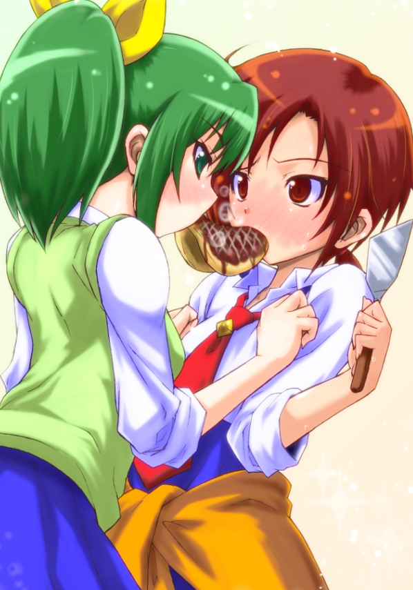 10s 2girls clothes_around_waist food food_in_mouth gekoge_satoru gkg666 green_eyes green_hair green_sweater_vest hino_akane_(smile_precure!) midorikawa_nao mouth_hold multiple_girls necktie okonomiyaki precure red_eyes red_hair school_uniform shared_food short_hair sleeves_rolled_up smile_precure! spatula sweater sweater_around_waist sweater_vest white_background yuri