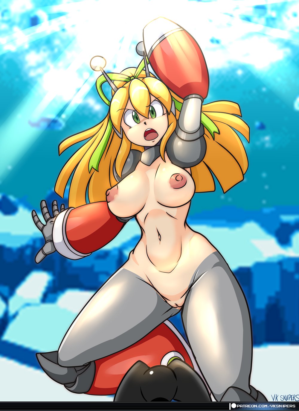 1girl antennae arm_cannon arm_up armor armored_boots armored_gloves bikini_armor blonde_hair blue_eyes boots breasts commentary covered_erect_nipples english_commentary fighting_stance green_eyes green_ribbon hair_between_eyes hair_ribbon hairband headphones highres hyper_roll_(marvel_vs._capcom) joints knee_boots knee_pads large_breasts long_hair looking_at_viewer marvel_vs._capcom mechanical_arms mechanical_boots mechanical_legs mega_man_(classic) mega_man_(series) nipples nude open_mouth patreon_logo patreon_username ponytail powering_up pussy radio_antenna red_armor ribbon robot robot_girl robot_joints roll_(mega_man) shoulder_armor sidelocks solo teeth upper_teeth_only vcampan watermark weapon web_address