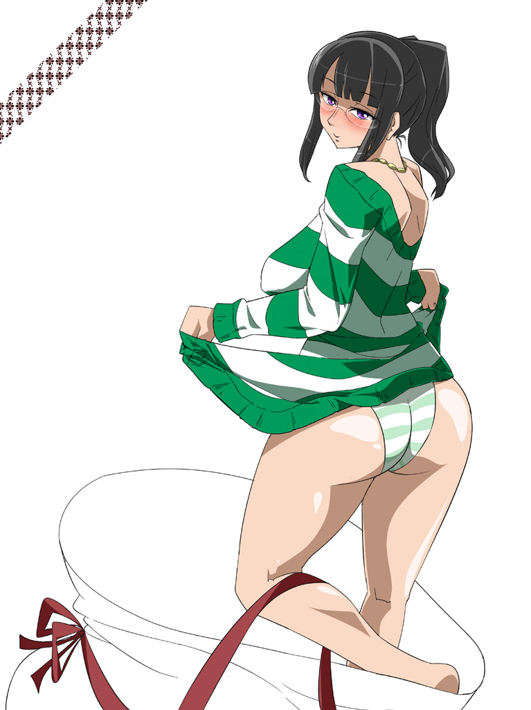 1girl ass back black_hair blush breasts christmas dress female_focus glasses holding jewelry kneepits large_breasts long_hair long_sleeves looking_at_viewer looking_back necklace nico_robin one_piece one_piece:_strong_world panties pantyshot ponytail purple_eyes ribbon sack satomi_sato shiny_skin solo striped_clothes striped_dress striped_panties striped_sweater sweater sweater_dress underwear white_background