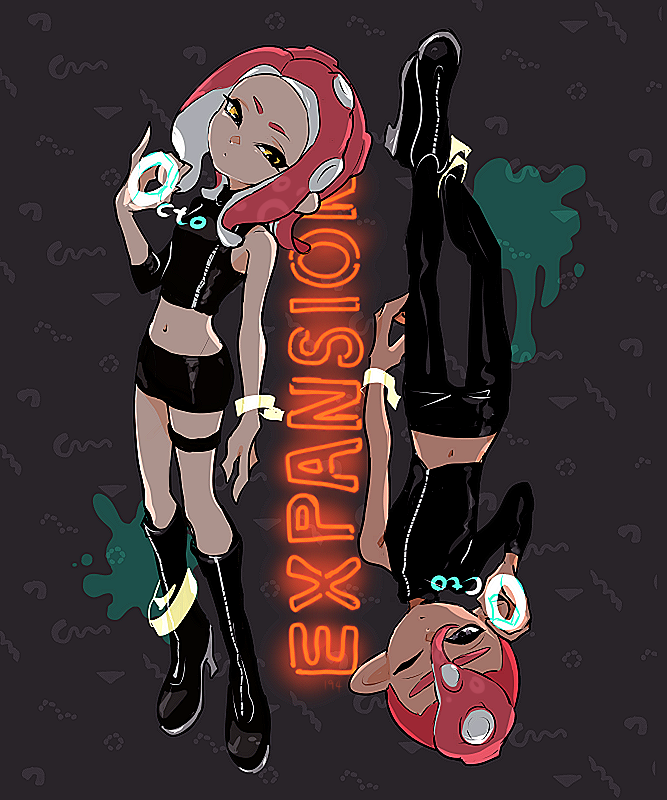 1boy 1girl agent_8_(splatoon) anklet black_boots black_pants black_shirt black_skirt boots closed_mouth commentary_request copyright_name crop_top dark-skinned_male dark_skin expressionless full_body grey_background grey_eyes hair_between_eyes imaikuy0 jewelry knee_boots medium_hair midriff miniskirt navel nintendo octoling one_eye_closed pants parted_bangs pencil_skirt red_hair shirt short_hair single_bare_shoulder single_sleeve skirt splatoon_(series) splatoon_2 splatoon_2:_octo_expansion tentacle_hair thigh_strap wristband yellow_eyes zipper