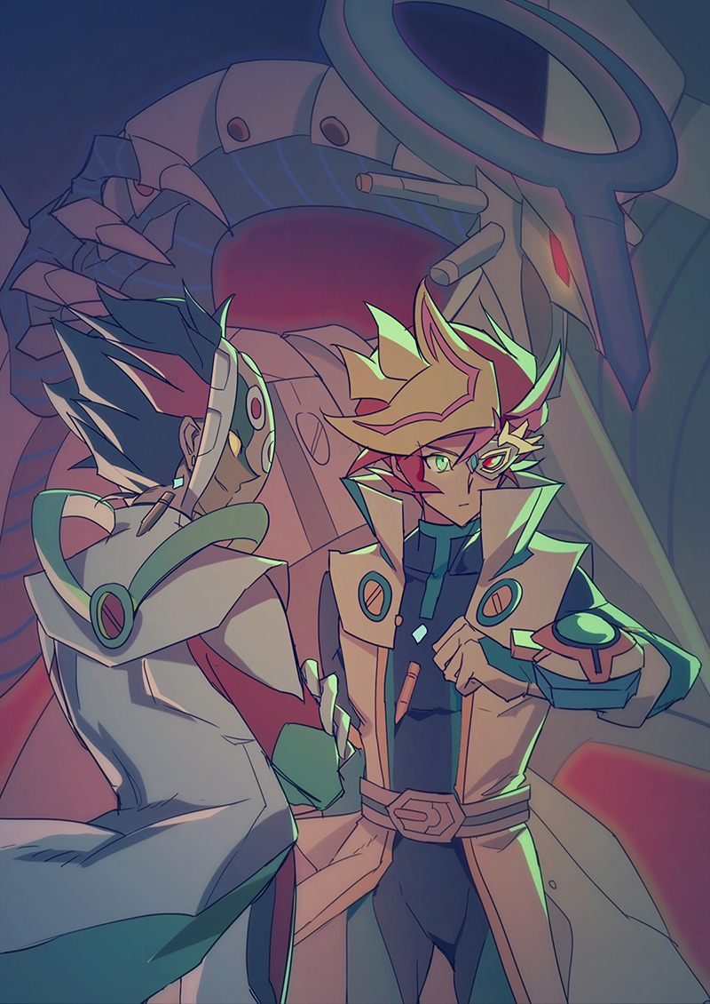 2boys alternate_form alternate_universe arm_up assault_visor belt black_hair black_pants black_shirt black_trim bullet_earrings clenched_hand colored_bangs crossed_arms diffeng_cn dragon_horns dragon_tail duel_disk duel_monster colored_bangs earrings facing_to_the_side facing_viewer firewall_dragon fujiki_yusaku gradient_background green_eyes green_trim grey-framed_eyewear headgear horns jacket jewelry kogami_ryoken light_particles looking_to_the_side male_focus mechanical_arms mechanical_tail mechanical_wings multiple_boys open_clothes open_jacket pants playmaker_(yu-gi-oh!) popped_collar red-eye_effect red_hair red_trim revolver_(yu-gi-oh!) shirt smile spiked_hair tail tinted_eyewear white_belt white_jacket white_pants wind wings yellow_eyes yu-gi-oh! yu-gi-oh!_vrains