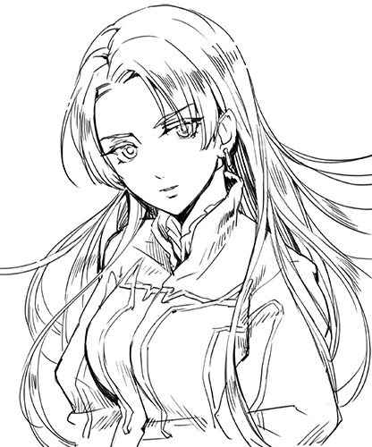 1girl breasts chris_lightfellow closed_mouth earrings gensou_suikoden gensou_suikoden_iii jewelry long_hair looking_at_viewer lowres medium_breasts monochrome sassa_(cb) simple_background solo white_background