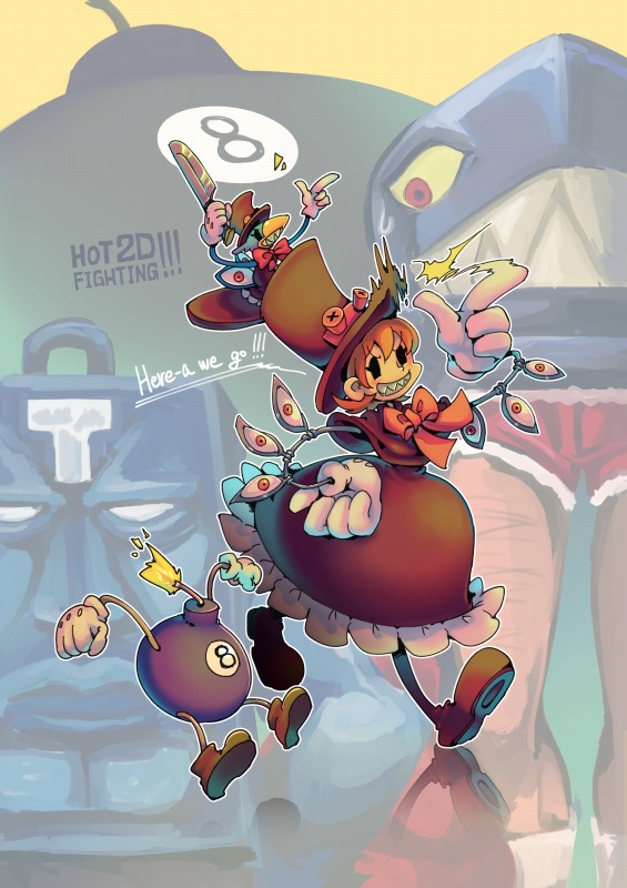 1girl 3boys andy_anvil artificial_limb avery_(skullgirls) colored_sclera dress george_the_bomb gloves grin hat ifelt_(tamaki_zutama) knife lenny_the_bomb mechanical_arms multiple_boys peacock_(skullgirls) red_eyes sharp_teeth skullgirls smile teeth tommy_ten-tons top_hat white_eyes yellow_sclera