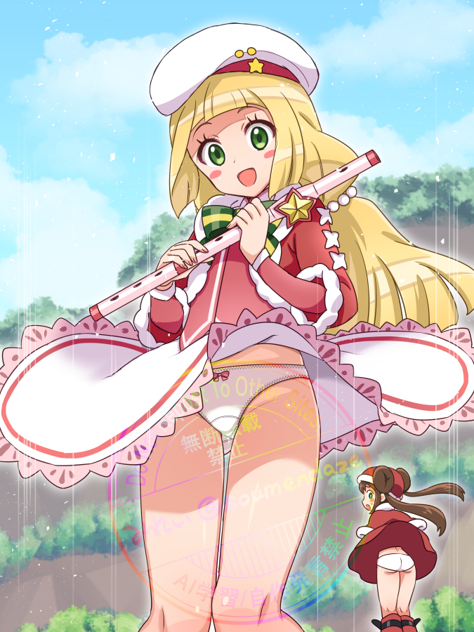2girls :d beret blonde_hair blunt_bangs cloud commentary_request day eyelashes flute green_eyes hat holding holding_flute holding_instrument instrument jacket knees lillie_(holiday_2024)_(pokemon) lillie_(pokemon) long_hair looking_down multiple_girls nintendo official_alternate_costume open_clothes open_jacket open_mouth outdoors panties pantyshot pink_shirt pokemon pokemon_masters_ex red_jacket rosa_(holiday_2019)_(pokemon) rosa_(pokemon) shirt skirt sky smile soumendaze underwear watermark white_hat white_skirt wind wind_lift