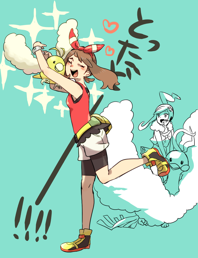 2girls :d altaria alternate_color bird blue_background blush bow brown_hair closed_eyes commentary_request evolutionary_line gen_3_pokemon hair_bow hairband heart hug lisia_(pokemon) may_(pokemon) mizuto_(o96ap) multiple_girls nintendo official_alternate_color open_mouth pokemon pokemon_(creature) pokemon_oras red_bow red_hairband red_shirt riding riding_pokemon shiny_pokemon shirt shoes short_hair_with_long_locks shorts sleeveless sleeveless_shirt smile sparkle standing standing_on_one_leg swablu teeth upper_teeth_only white_shorts yellow_shoes