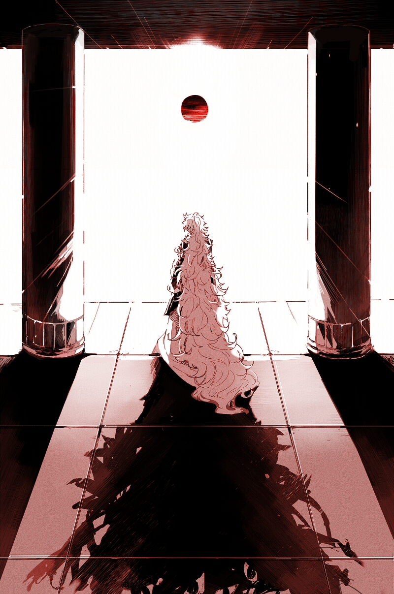 1boy absurdly_long_hair different_shadow eclipse facing_away fate/grand_order fate_(series) from_behind full_body highres long_hair looking_down male_focus messy_hair ominous_shadow pillar red_theme ruoyin shadow solo solomon_(fate) standing tile_floor tiles very_long_hair