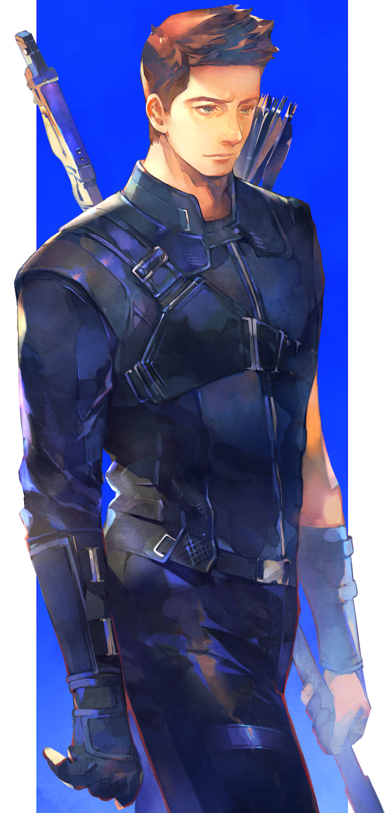 1boy animification arrow_(projectile) asymmetrical_sleeves avengers_(series) belt black_belt black_bodysuit black_gloves blue_background bodysuit border bow_(weapon) brown_hair clint_barton closed_mouth fingerless_gloves fingernails gloves hawkeye_(marvel) highres holding holding_bow_(weapon) holding_weapon lips long_sleeves looking_to_the_side male_focus marvel outside_border roku0180 short_hair short_sleeves simple_background single_glove smile solo standing superhero_costume weapon white_border