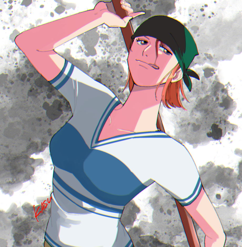 1girl arm_up artist_name bandana blood blood_from_forehead blood_on_face breasts collarbone copyright_request gradient_background holding holding_staff holding_weapon ink kasuga_akira licking_lips looking_to_the_side nami_(one_piece) nami_(one_piece)_(east_blue) one_piece orange_hair shirt short_hair signature solo staff striped_clothes striped_shirt tongue tongue_out v-neck weapon