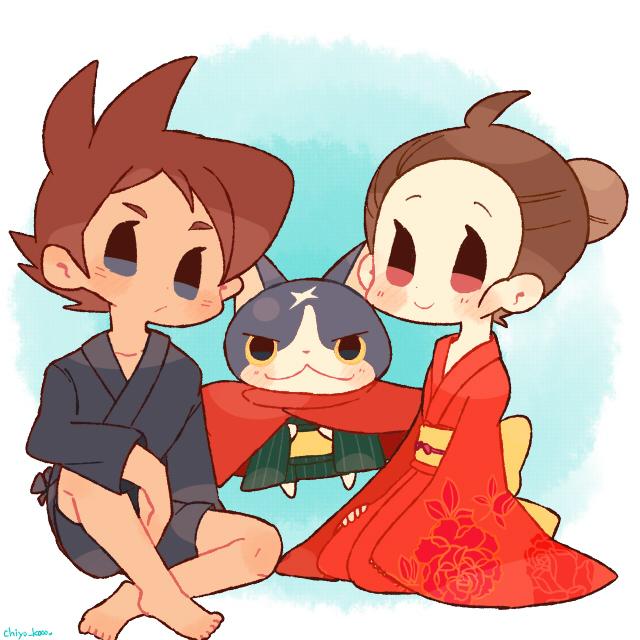 10s 1boy 1girl alternate_hairstyle amano_yukiko_(youkai_watch) barefoot brown_hair cape cat chiyoko_(oman1229) fuyunyan gradient_background japanese_clothes keizou kimono long_sleeves looking_at_viewer red_cape scar sitting sleeves_past_wrists smile traditional_youkai twitter_username youkai_watch youkai_watch_2