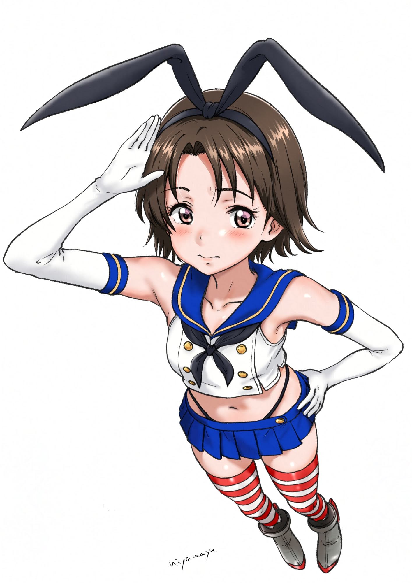 1girl bare_shoulders blue_skirt blush breasts brown_eyes brown_hair closed_mouth collarbone cosplay elbow_gloves from_above full_body girls_und_panzer gloves hair_ribbon hand_on_own_hip highres hiyama_yuu_(wee259hiyama) kantai_collection looking_at_viewer looking_up microskirt midriff navel pleated_skirt ribbon sawa_azusa shimakaze_(kancolle) shimakaze_(kancolle)_(cosplay) short_hair signature skirt small_breasts solo striped_clothes striped_thighhighs thighhighs white_gloves