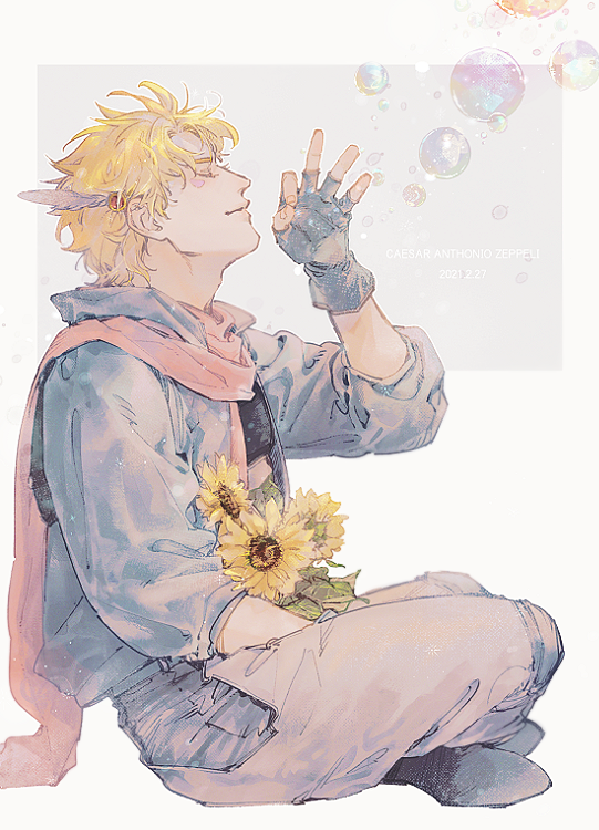 1boy adam&#039;s_apple battle_tendency blonde_hair blue_gloves blue_jacket blue_shoes bubble caesar_anthonio_zeppeli character_name closed_eyes closed_mouth commentary_request dated edamame_dosukoi facial_mark feather_hair_ornament feathers fingerless_gloves flower from_side full_body gloves hair_ornament hand_up hydrokinesis indian_style jacket jojo_no_kimyou_na_bouken knee_pads male_focus no_headband ok_sign pants pink_scarf pocket profile scarf shoe_soles shoes short_hair sitting solo sunflower water white_pants yellow_flower