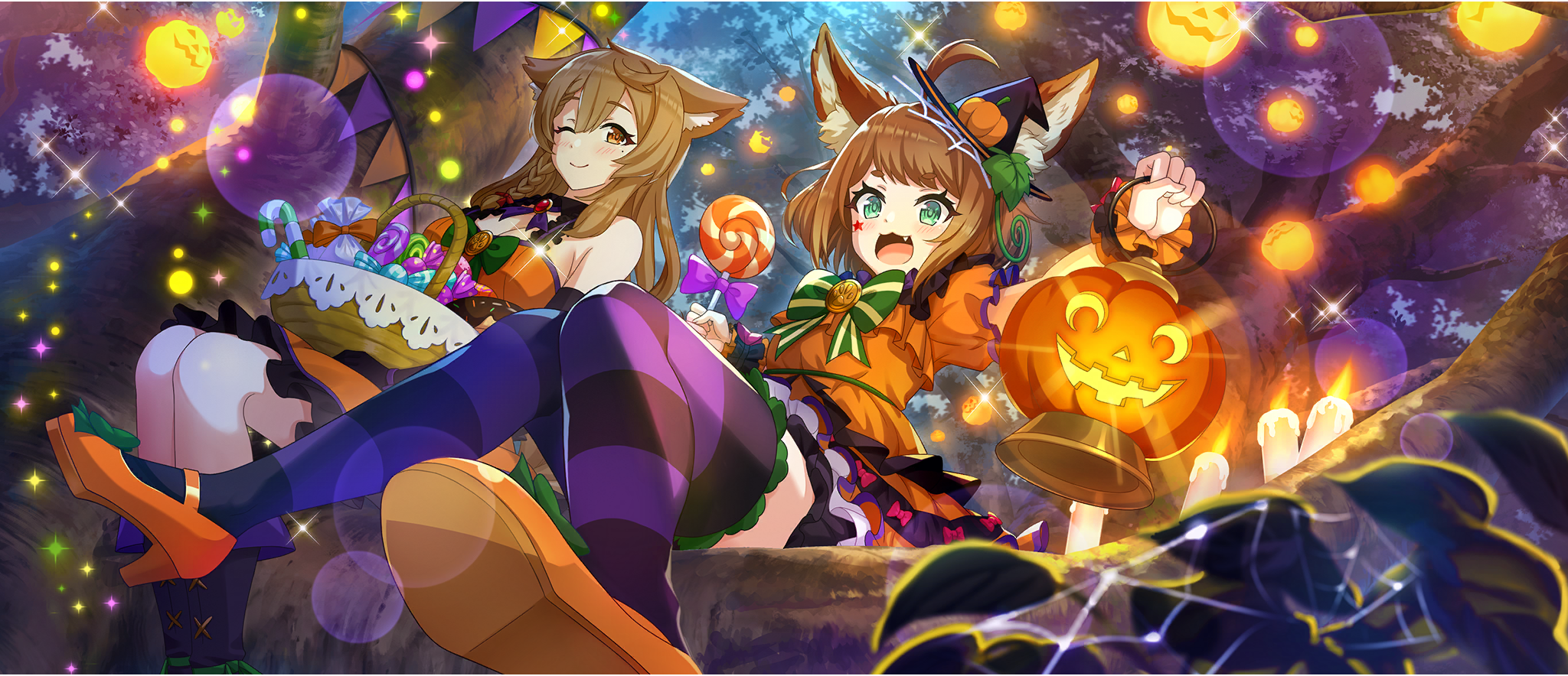 2girls :3 ;) ahoge amy_(konosuba) animal_ear_fluff animal_ears armpit_crease basket black_collar black_hat black_wrist_cuffs boots bow bowtie braid braided_sidelock breasts brown_eyes brown_hair camisole candle candy candy_cane child cleavage closed_mouth collar detached_collar double-parted_bangs dress droopy_ears facial_mark fang fold-over_boots food frilled_dress frilled_straps frills from_below game_cg green_bow green_bowtie green_eyes hair_between_eyes hair_bow halloween halloween_costume hat hat_ornament high_heels highres holding holding_basket holding_candy holding_food holding_lantern holding_lollipop in_tree jack-o'-lantern kono_subarashii_sekai_ni_shukufuku_wo! konosuba!_fantastic_days lantern large_breasts layered_dress leaf_hat_ornament light_blush lollipop long_hair looking_at_viewer looking_down mark_under_eye medium_hair miia_(konosuba) mini_hat mini_witch_hat miniskirt mole mole_under_eye multiple_girls neck_ribbon night official_alternate_costume official_art one_eye_closed open_mouth orange_camisole orange_dress orange_skirt orange_wrist_cuffs outdoors pumpkin_hat_ornament purple_boots purple_ribbon purple_thighhighs red_bow red_brooch ribbon short_dress short_sleeves sidelocks silk sitting sitting_in_tree skirt smile spaghetti_strap spider_web star_(symbol) star_facial_mark striped_bow striped_bowtie striped_clothes striped_thighhighs swept_bangs swirl_lollipop thighhighs tree two-tone_wrist_cuffs very_long_hair witch_hat wrist_cuffs zettai_ryouiki