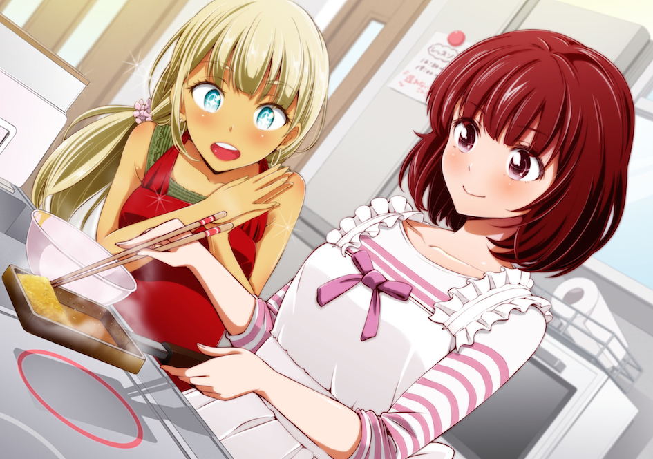 +_+ 2girls alessandra_susu alternate_hairstyle apron blonde_hair blue_eyes chopsticks cooking dutch_angle earrings food hoop_earrings jewelry kasukabe_haru kazuo_daisuke makiyakinabe multiple_girls omelet open_mouth own_hands_together ponytail red_eyes red_hair ribbon smile sparkling_eyes tamagoyaki tokyo_7th_sisters