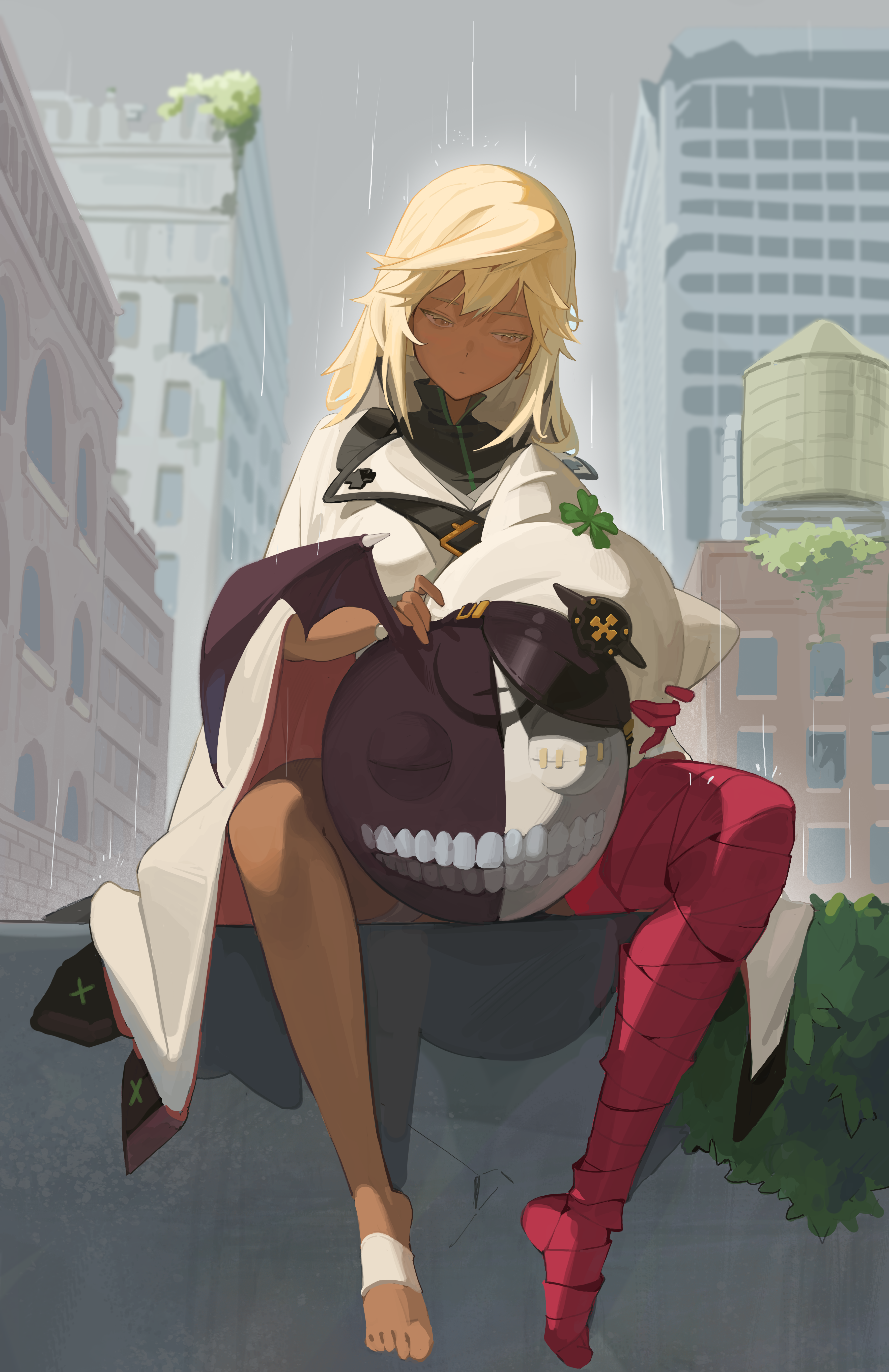 1girl absurdres bandaged_arm bandaged_leg bandages barefoot blonde_hair building cape closed_mouth cloud cloudy_sky clover coat commentary dark-skinned_female dark_skin ddul_(hauluimubingoj1) four-leaf_clover guilty_gear guilty_gear_strive hat highres holding holding_unworn_clothes holding_unworn_hat long_hair lucifero_(guilty_gear) orange_eyes outdoors rain ramlethal_valentine red_bandage sitting sky teeth unworn_hat unworn_headwear water_tower white_coat white_hat wings