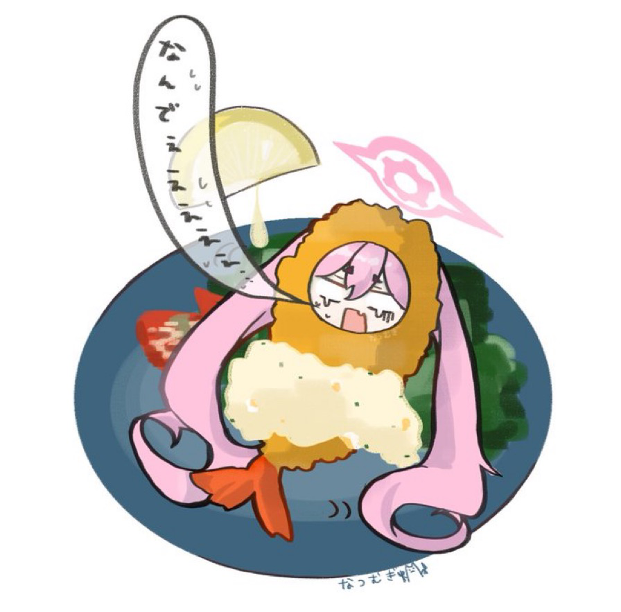1girl artist_name blank_eyes blue_archive commentary_request crying crying_with_eyes_open food food_on_body fork fried_hoshino_(meme) fruit hair_between_eyes halo holding holding_fork holding_knife knife koyuki_(blue_archive) lemon lemon_slice long_hair meme motion_lines natsu_ya_mugi panicking pink_hair pink_halo plate short_eyebrows shrimp shrimp_tempura simple_background solo tears tempura thick_eyebrows tomato tomato_slice twintails vegetable very_long_hair white_background