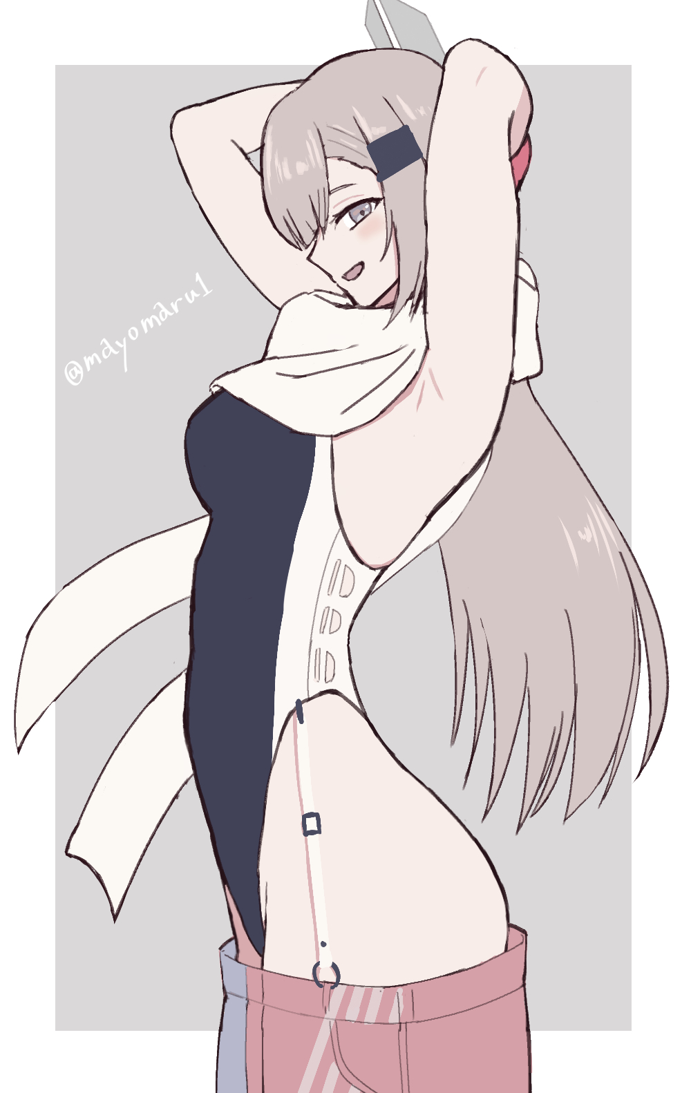 1girl black_one-piece_swimsuit border denim denim_skirt from_side grey_background grey_eyes greyscale highleg highleg_one-piece_swimsuit highres kantai_collection monochrome one-piece_swimsuit simple_background skirt solo swimsuit two-tone_one-piece_swimsuit two-tone_skirt wahoo_(kancolle) white_border