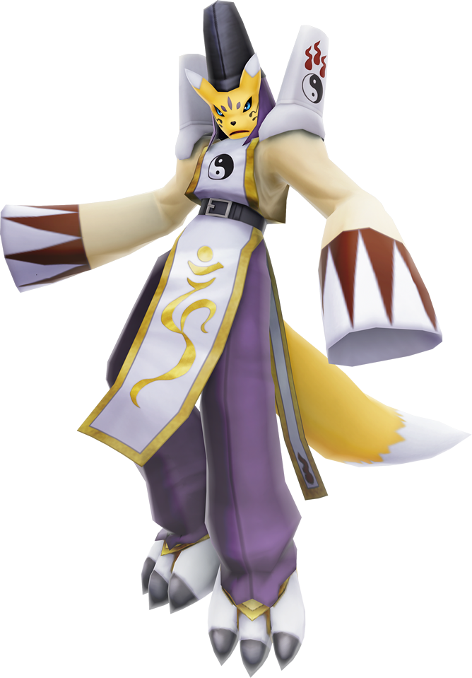 3d belt blue_eyes claws digimon digimon_(creature) digimon_world_-next_0rder- fox full_body game_model hands_in_opposite_sleeves hat long_sleeves monster no_humans pants purple_pants robe solo tabard tail taomon tate_eboshi transparent_background white_robe yin_yang