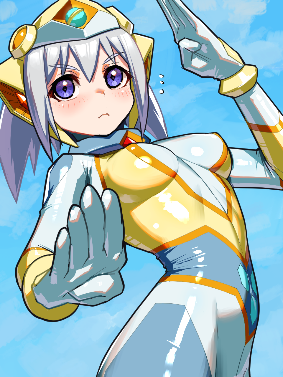 1girl 3: blue_sky blush bodysuit breasts closed_mouth day diamond-shaped_pupils diamond_(shape) double-parted_bangs fighting_stance flying_sweatdrops gem hair_between_eyes headgear highres koharuno_silk looking_at_viewer medium_breasts medium_hair nikunopengin outdoors purple_eyes sidelocks skin_tight sky solo standing symbol-shaped_pupils ultimate_girl white_bodysuit white_hair