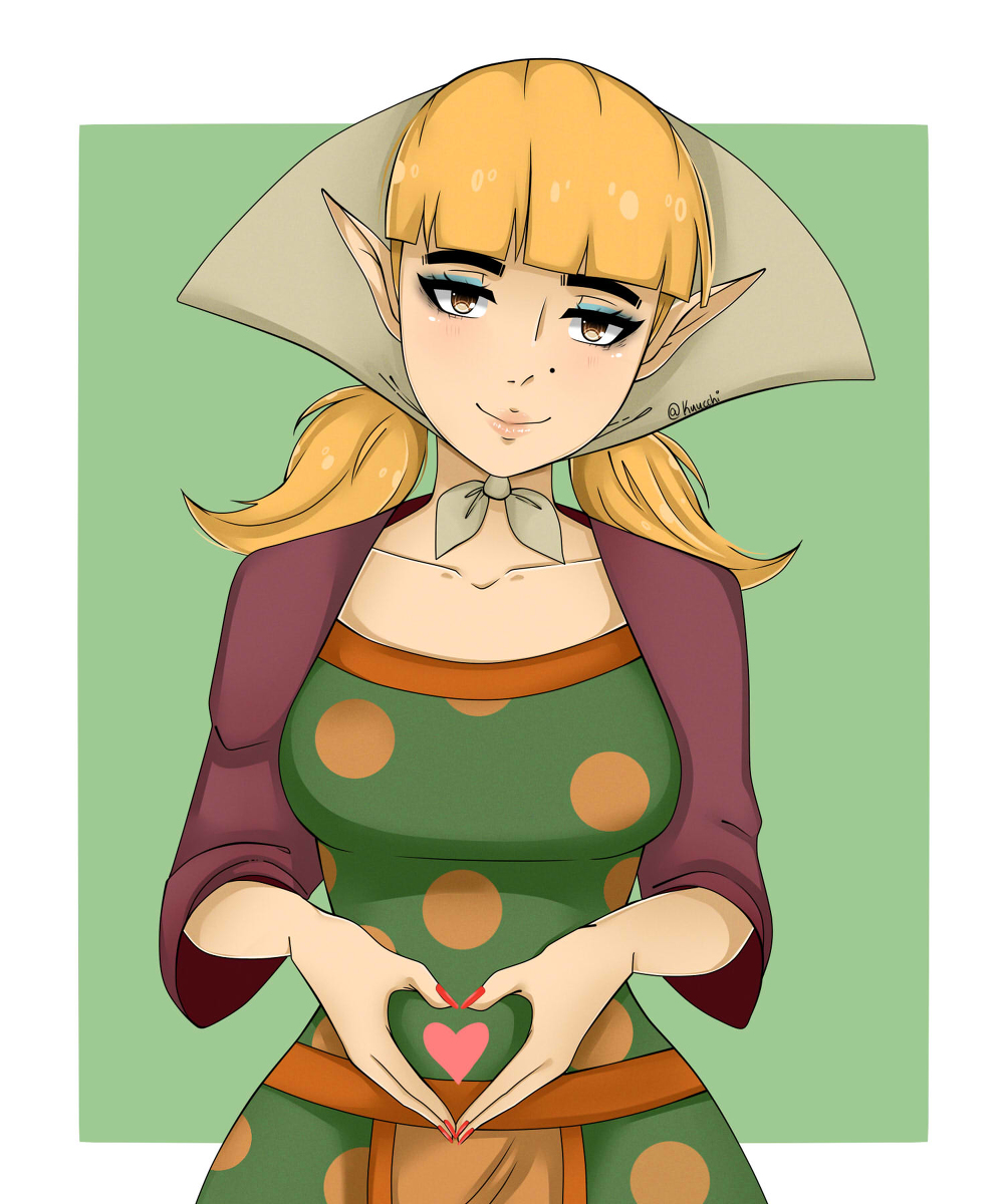 1girl bandana blonde_hair eyeshadow lips lipstick low_twintails makeup medium_hair mole mole_on_cheek nintendo peatrice_(zelda) pointy_ears the_legend_of_zelda the_legend_of_zelda:_skyward_sword twintails