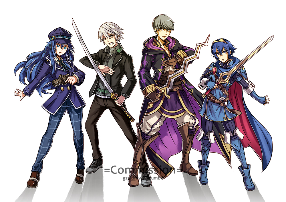 2boys 2girls armor blue_hair cape cloak cosplay costume_switch crossover fire_emblem fire_emblem_awakening gun gzei handgun hat holding holding_gun holding_sword holding_weapon jacket katana long_hair lucina_(fire_emblem) male_robin_(fire_emblem) male_robin_(fire_emblem)_(cosplay) multiple_boys multiple_girls narukami_yu nintendo persona persona_4 revolver shirogane_naoto smile sword weapon white_hair