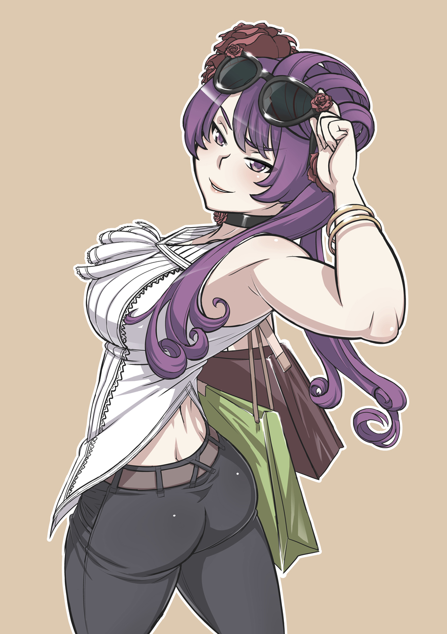 1girl alternate_costume alternate_hairstyle ass bag black_pants blouse bracelet choker curled_up curly_hair denim eyewear_on_head flower hair_flower hair_ornament handbag highres jeans jewelry kizana_sunobu kjech pants purple_eyes purple_hair rose shirt shopping_bag smug sunglasses white_shirt yandere_simulator