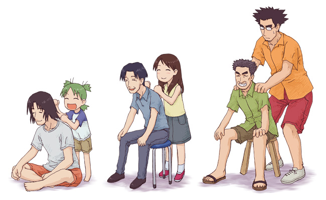 2girls 4boys ^_^ ayase_ena back_rub barefoot black_hair brown_shorts child closed_eyes emoncake. family father_and_daughter father_and_son flip-flops glasses green_shirt grin happy indian_style jumbo jumbo&#039;s_father koiwai_yotsuba long_hair massage miniskirt mr._koiwai mr_ayase multiple_boys multiple_girls on_floor opaque_glasses orange_shirt orange_shorts quad_tails raglan_sleeves red_footwear red_shorts sandals shirt short_hair shorts simple_background sitting skirt smile socks standing stool sweatdrop t-shirt white_background yotsubato!