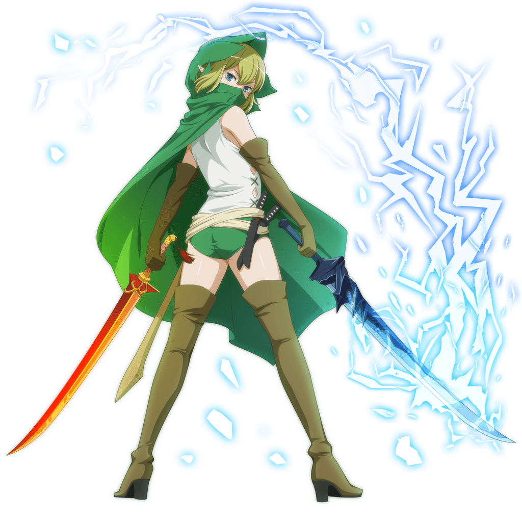 1girl blue_eyes boots buruma cape deviantart double-parted_bangs dual_wielding dungeon_ni_deai_wo_motomeru_no_wa_machigatteiru_darou_ka elbow_gloves from_behind full_body gloves green_buruma green_cape green_hair green_hood hair_between_eyes high_heel_boots high_heels holding holding_sword holding_weapon hood hood_up hooded_cape looking_at_viewer looking_back official_art ryu_lion shirt simple_background sleeveless sleeveless_shirt solo standing sword thighs third-party_source transparent_background weapon white_shirt