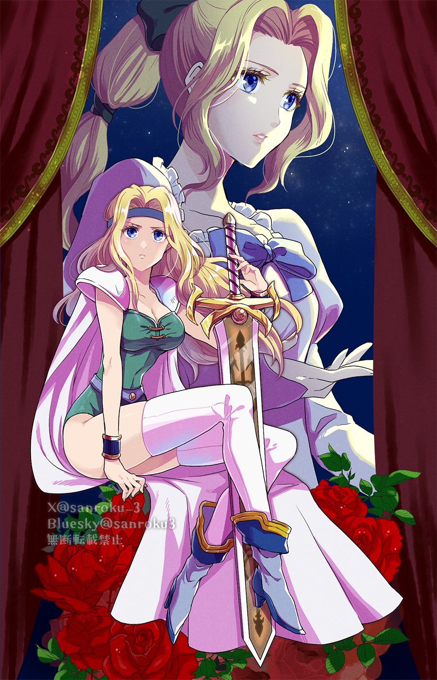 1girl ankle_boots armor blonde_hair blue_eyes blue_headband blue_ribbon boots bracelet breasts cape celes_chere cleavage collarbone commentary_request curtains dress final_fantasy final_fantasy_vi flower full_body green_leotard headband high_heel_boots high_heels high_ponytail highres invisible_chair jewelry large_breasts leotard long_hair multiple_views official_alternate_costume parted_bangs parted_lips ponytail red_flower red_rose ribbon rose sanroku_3 shoulder_armor sitting sword thighhighs twitter_username upper_body watermark weapon white_cape white_dress white_thighhighs
