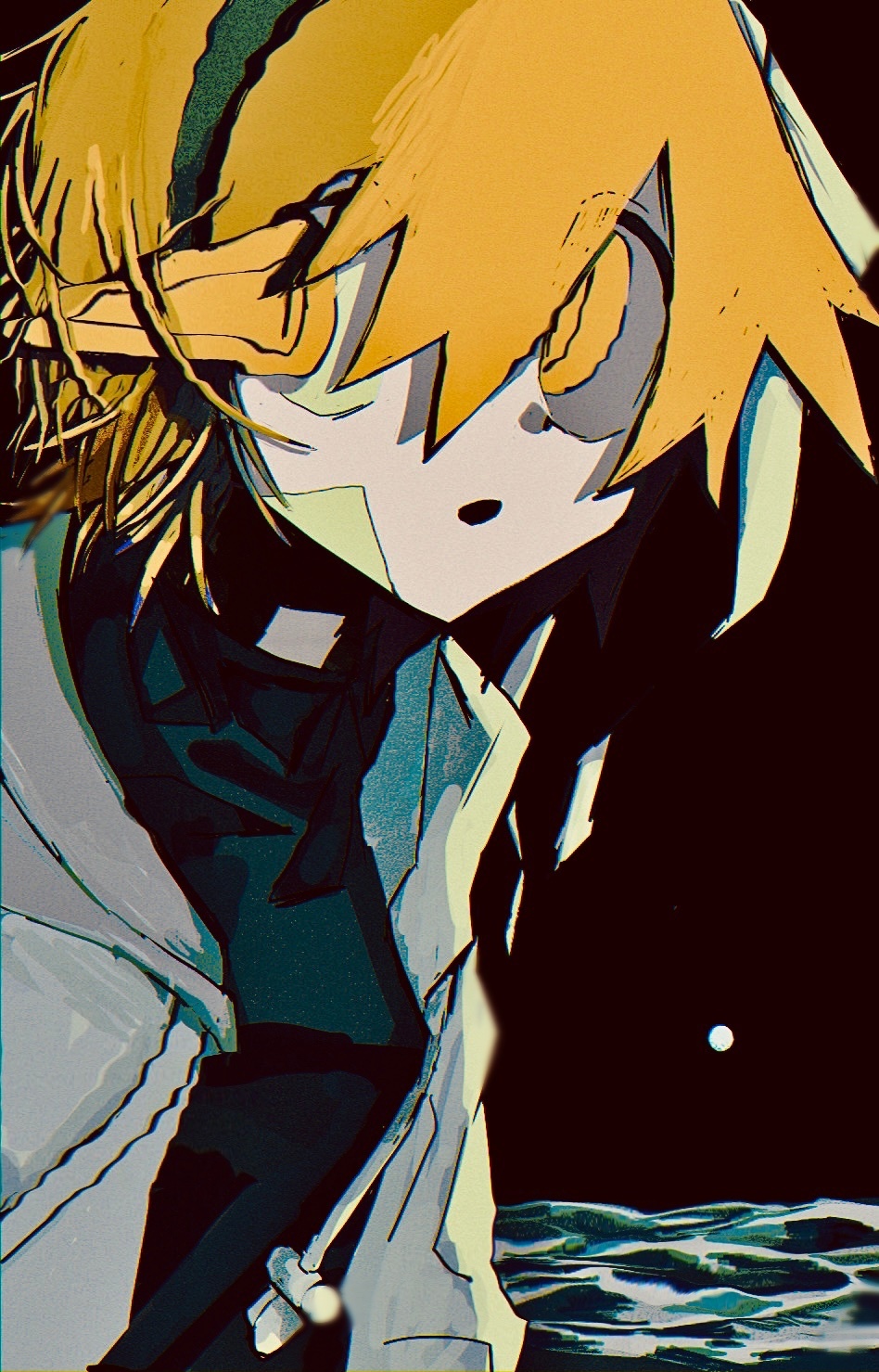1girl :o a.i._voice adachi_rei black_shirt black_sky breasts changtoneru expressionless film_grain full_moon hair_ribbon headphones highres jacket looking_at_viewer medium_breasts medium_hair melting_eyes moon night ocean open_clothes open_jacket open_mouth orange_eyes ribbon ringed_eyes shirt sky solo turtleneck upper_body utau white_jacket white_ribbon wide-eyed