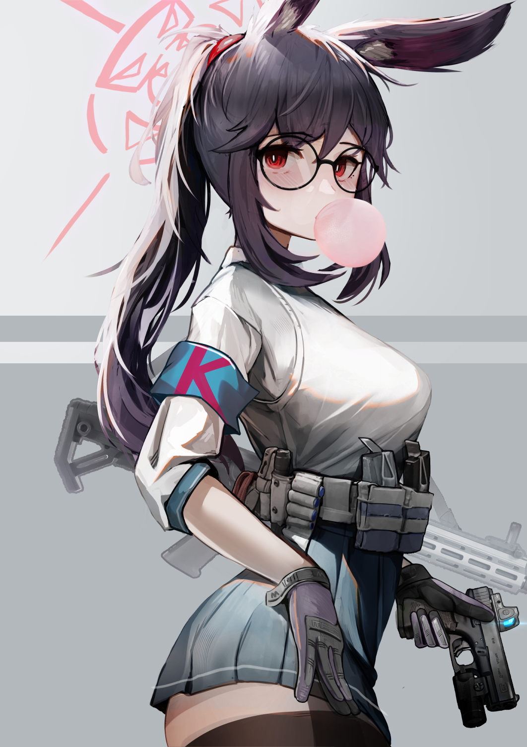 1girl alphabet ammunition ammunition_pouch animal_ears ar-15 armband belt_pouch black-framed_eyewear black_hair black_thighhighs blue_archive blue_armband breasts blowing_bubbles commentary cowboy_shot english_commentary glasses glock gloves gradient_background green_skirt grey_background gun gun_sling halo handgun highres holding holding_gun holding_weapon krirk large_breasts long_hair looking_at_viewer machine_gun magazine_(weapon) optical_sight original pleated_skirt ponytail pouch purple_gloves red_eyes rifle round_eyewear shirt shotgun_shell skirt solo standing thighhighs two-tone_gloves weapon white_background white_shirt zettai_ryouiki
